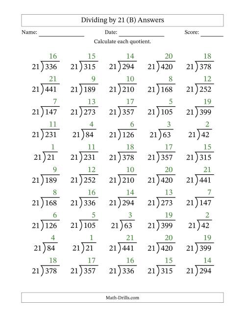 The Division Facts by a Fixed Divisor (21) and Quotients from 1 to 21 with Long Division Symbol/Bracket (50 questions) (B) Math Worksheet Page 2