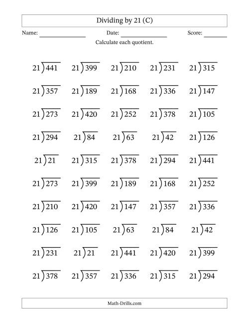 The Division Facts by a Fixed Divisor (21) and Quotients from 1 to 21 with Long Division Symbol/Bracket (50 questions) (C) Math Worksheet