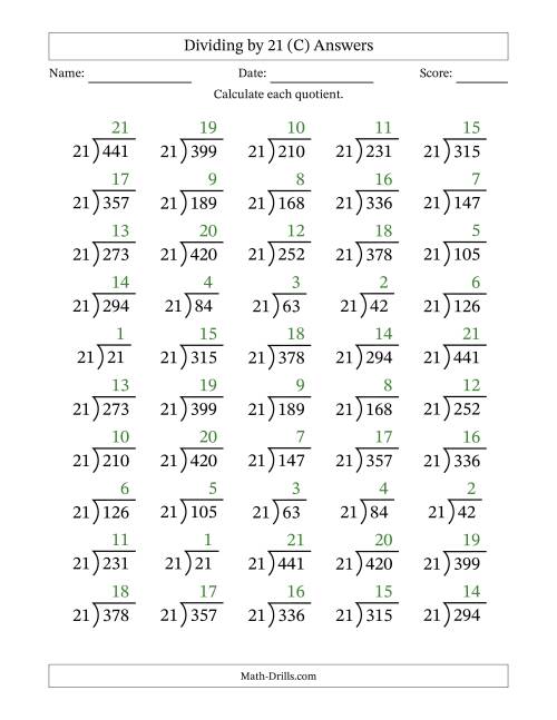 The Division Facts by a Fixed Divisor (21) and Quotients from 1 to 21 with Long Division Symbol/Bracket (50 questions) (C) Math Worksheet Page 2
