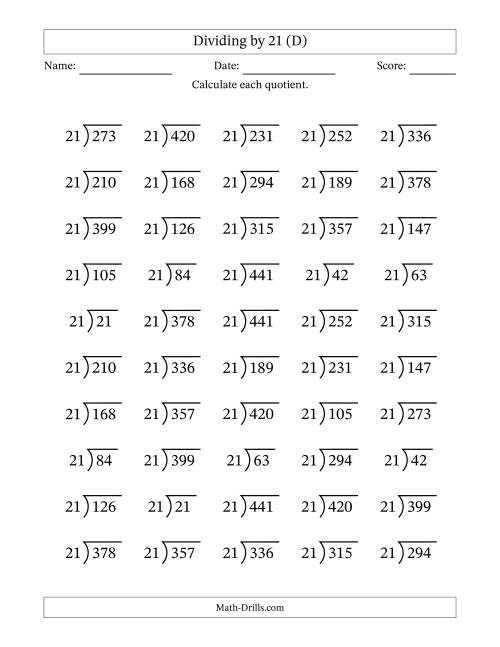 The Division Facts by a Fixed Divisor (21) and Quotients from 1 to 21 with Long Division Symbol/Bracket (50 questions) (D) Math Worksheet