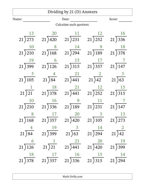 The Division Facts by a Fixed Divisor (21) and Quotients from 1 to 21 with Long Division Symbol/Bracket (50 questions) (D) Math Worksheet Page 2