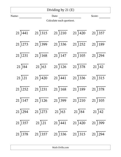 The Division Facts by a Fixed Divisor (21) and Quotients from 1 to 21 with Long Division Symbol/Bracket (50 questions) (E) Math Worksheet