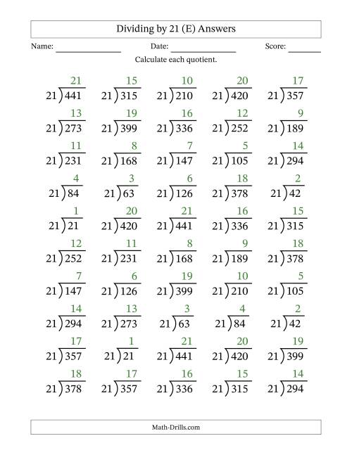 The Division Facts by a Fixed Divisor (21) and Quotients from 1 to 21 with Long Division Symbol/Bracket (50 questions) (E) Math Worksheet Page 2