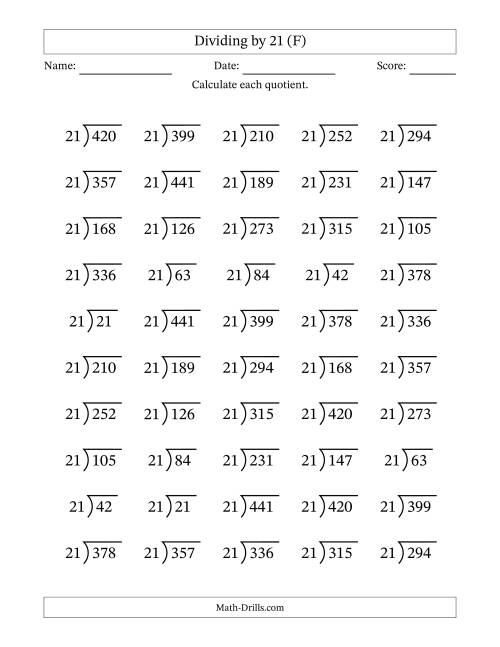 The Division Facts by a Fixed Divisor (21) and Quotients from 1 to 21 with Long Division Symbol/Bracket (50 questions) (F) Math Worksheet