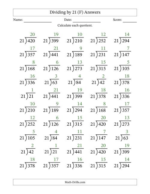 The Division Facts by a Fixed Divisor (21) and Quotients from 1 to 21 with Long Division Symbol/Bracket (50 questions) (F) Math Worksheet Page 2