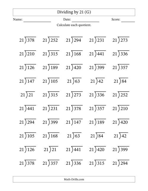 The Division Facts by a Fixed Divisor (21) and Quotients from 1 to 21 with Long Division Symbol/Bracket (50 questions) (G) Math Worksheet
