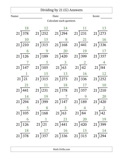 The Division Facts by a Fixed Divisor (21) and Quotients from 1 to 21 with Long Division Symbol/Bracket (50 questions) (G) Math Worksheet Page 2