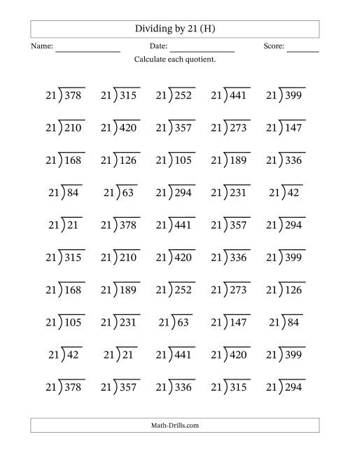 The Division Facts by a Fixed Divisor (21) and Quotients from 1 to 21 with Long Division Symbol/Bracket (50 questions) (H) Math Worksheet