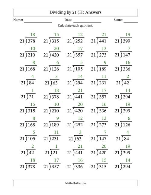 The Division Facts by a Fixed Divisor (21) and Quotients from 1 to 21 with Long Division Symbol/Bracket (50 questions) (H) Math Worksheet Page 2