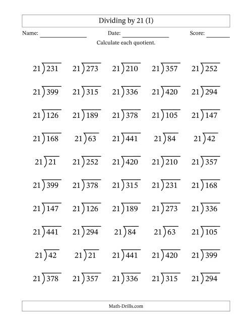 The Division Facts by a Fixed Divisor (21) and Quotients from 1 to 21 with Long Division Symbol/Bracket (50 questions) (I) Math Worksheet