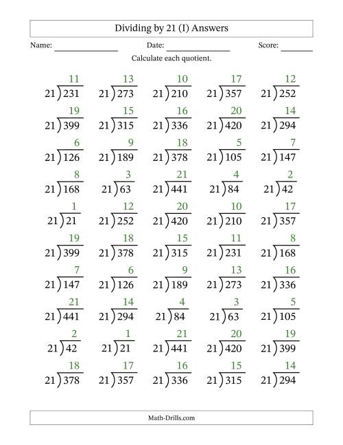The Division Facts by a Fixed Divisor (21) and Quotients from 1 to 21 with Long Division Symbol/Bracket (50 questions) (I) Math Worksheet Page 2