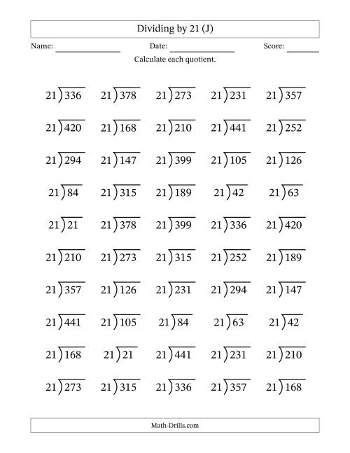 The Division Facts by a Fixed Divisor (21) and Quotients from 1 to 21 with Long Division Symbol/Bracket (50 questions) (J) Math Worksheet