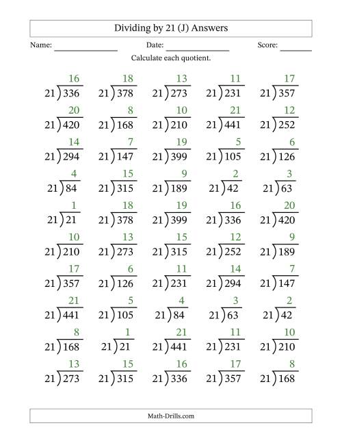 The Division Facts by a Fixed Divisor (21) and Quotients from 1 to 21 with Long Division Symbol/Bracket (50 questions) (J) Math Worksheet Page 2