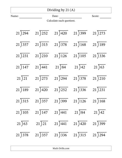 The Division Facts by a Fixed Divisor (21) and Quotients from 1 to 21 with Long Division Symbol/Bracket (50 questions) (All) Math Worksheet