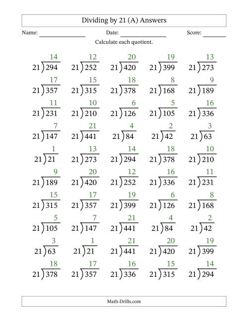 The Division Facts by a Fixed Divisor (21) and Quotients from 1 to 21 with Long Division Symbol/Bracket (50 questions) (All) Math Worksheet Page 2