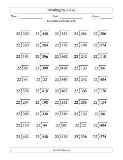 Division Facts by a Fixed Divisor (22) and Quotients from 1 to 22 with Long Division Symbol/Bracket (50 questions)