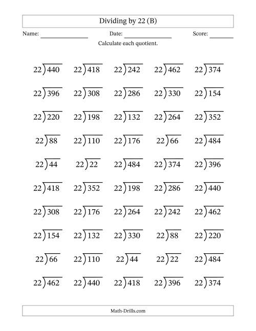 The Division Facts by a Fixed Divisor (22) and Quotients from 1 to 22 with Long Division Symbol/Bracket (50 questions) (B) Math Worksheet
