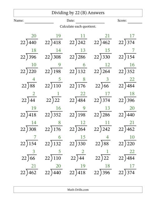 The Division Facts by a Fixed Divisor (22) and Quotients from 1 to 22 with Long Division Symbol/Bracket (50 questions) (B) Math Worksheet Page 2