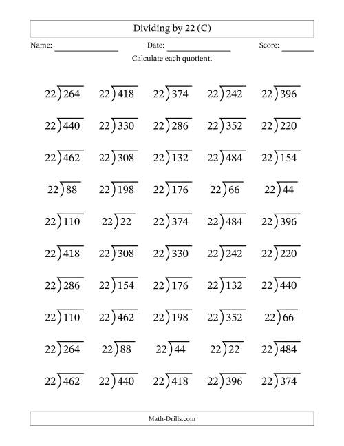 The Division Facts by a Fixed Divisor (22) and Quotients from 1 to 22 with Long Division Symbol/Bracket (50 questions) (C) Math Worksheet