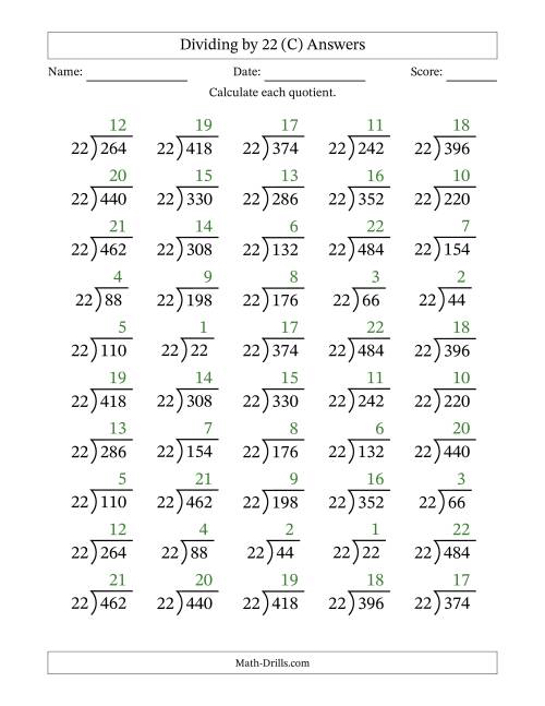 The Division Facts by a Fixed Divisor (22) and Quotients from 1 to 22 with Long Division Symbol/Bracket (50 questions) (C) Math Worksheet Page 2