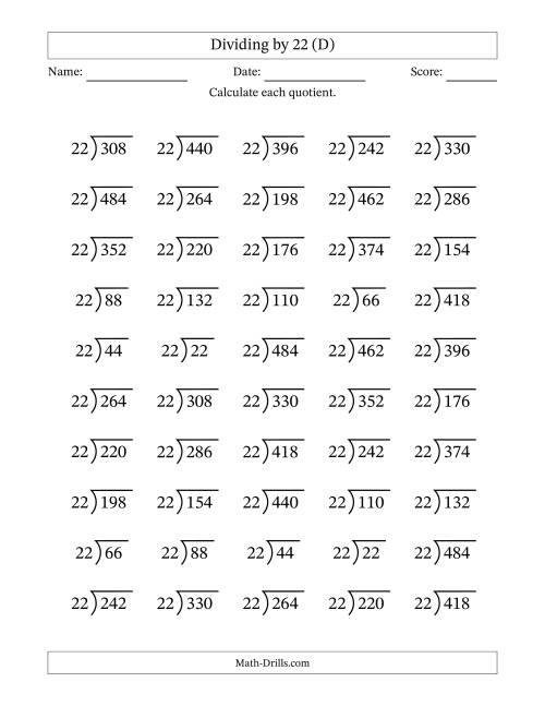 The Division Facts by a Fixed Divisor (22) and Quotients from 1 to 22 with Long Division Symbol/Bracket (50 questions) (D) Math Worksheet