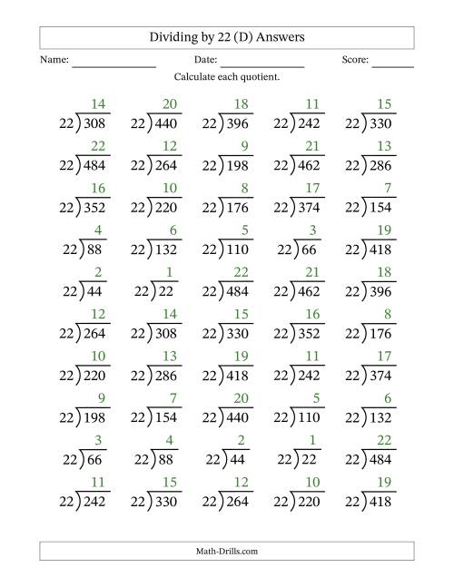 The Division Facts by a Fixed Divisor (22) and Quotients from 1 to 22 with Long Division Symbol/Bracket (50 questions) (D) Math Worksheet Page 2