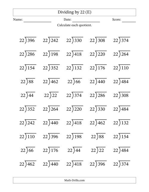 The Division Facts by a Fixed Divisor (22) and Quotients from 1 to 22 with Long Division Symbol/Bracket (50 questions) (E) Math Worksheet