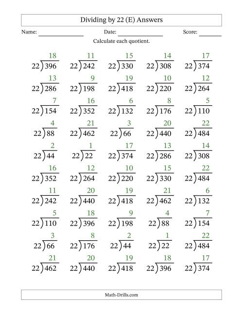 The Division Facts by a Fixed Divisor (22) and Quotients from 1 to 22 with Long Division Symbol/Bracket (50 questions) (E) Math Worksheet Page 2
