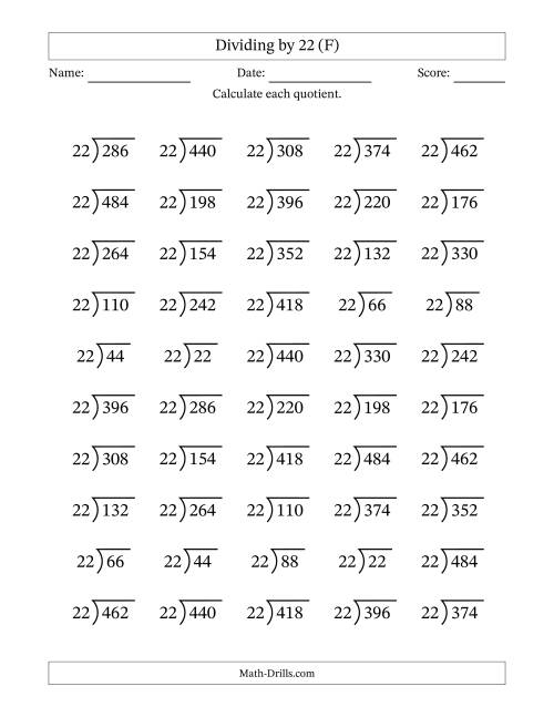 The Division Facts by a Fixed Divisor (22) and Quotients from 1 to 22 with Long Division Symbol/Bracket (50 questions) (F) Math Worksheet