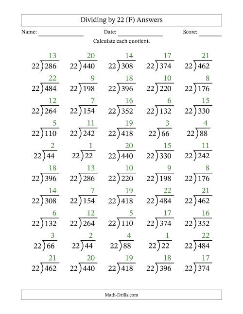 The Division Facts by a Fixed Divisor (22) and Quotients from 1 to 22 with Long Division Symbol/Bracket (50 questions) (F) Math Worksheet Page 2