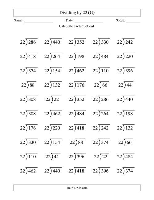 The Division Facts by a Fixed Divisor (22) and Quotients from 1 to 22 with Long Division Symbol/Bracket (50 questions) (G) Math Worksheet