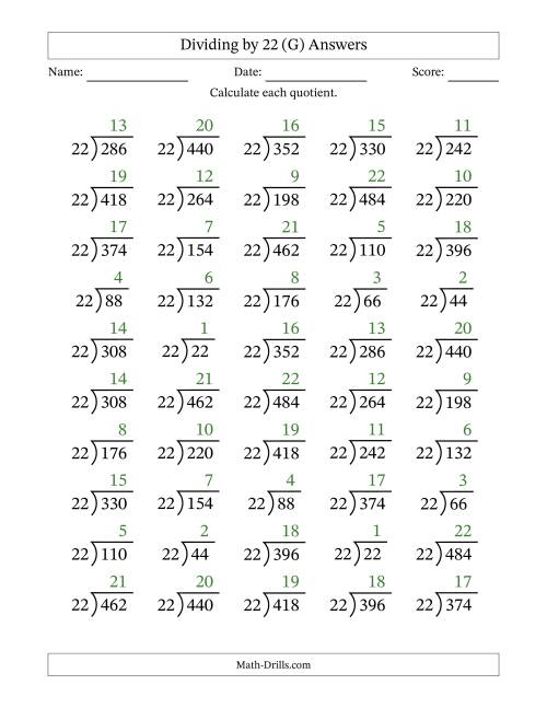 The Division Facts by a Fixed Divisor (22) and Quotients from 1 to 22 with Long Division Symbol/Bracket (50 questions) (G) Math Worksheet Page 2