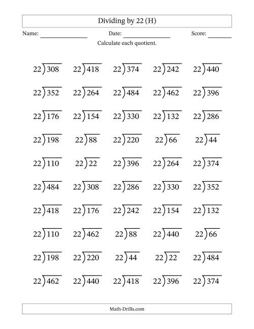 The Division Facts by a Fixed Divisor (22) and Quotients from 1 to 22 with Long Division Symbol/Bracket (50 questions) (H) Math Worksheet