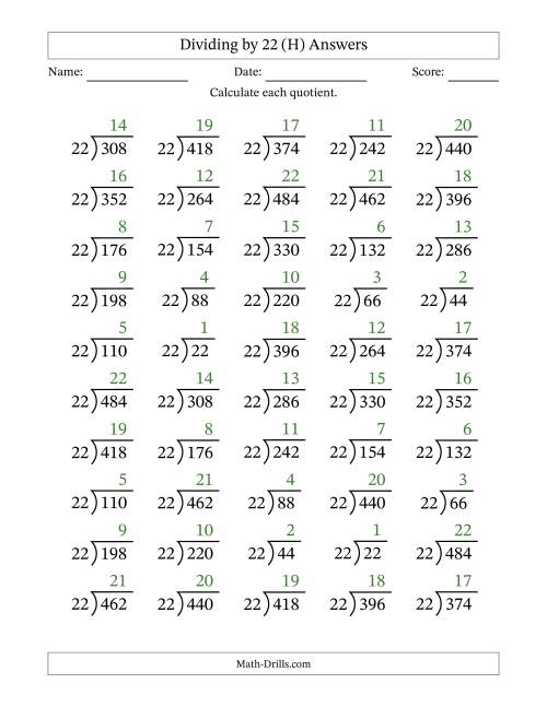 The Division Facts by a Fixed Divisor (22) and Quotients from 1 to 22 with Long Division Symbol/Bracket (50 questions) (H) Math Worksheet Page 2