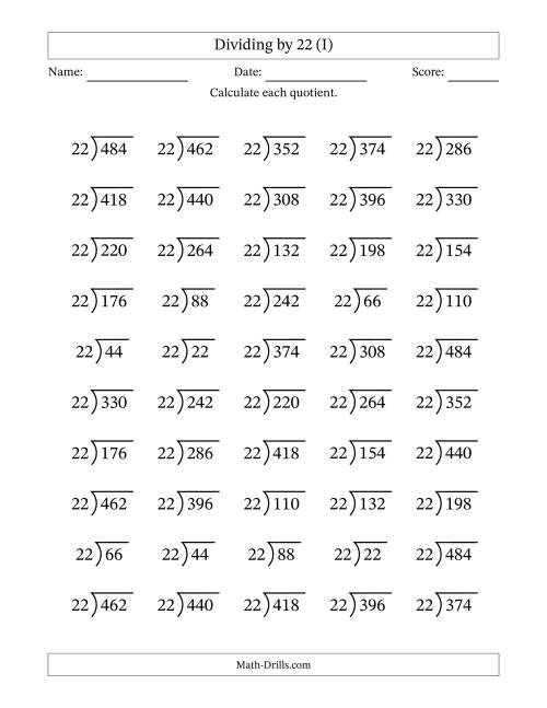 The Division Facts by a Fixed Divisor (22) and Quotients from 1 to 22 with Long Division Symbol/Bracket (50 questions) (I) Math Worksheet