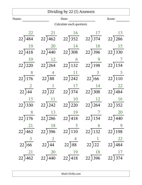The Division Facts by a Fixed Divisor (22) and Quotients from 1 to 22 with Long Division Symbol/Bracket (50 questions) (I) Math Worksheet Page 2