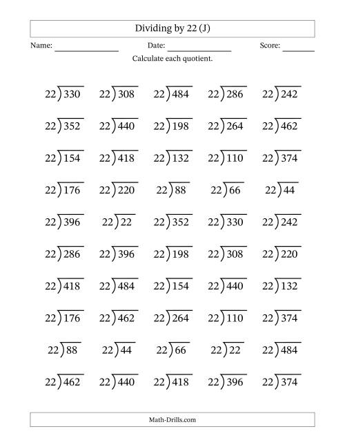 The Division Facts by a Fixed Divisor (22) and Quotients from 1 to 22 with Long Division Symbol/Bracket (50 questions) (J) Math Worksheet