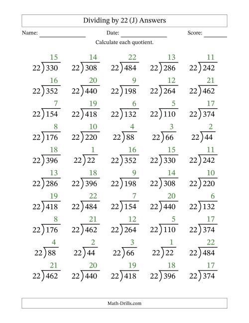 The Division Facts by a Fixed Divisor (22) and Quotients from 1 to 22 with Long Division Symbol/Bracket (50 questions) (J) Math Worksheet Page 2
