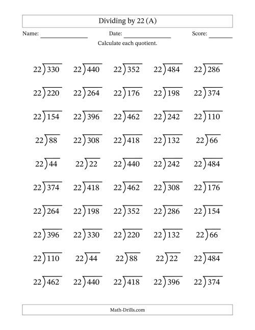 The Division Facts by a Fixed Divisor (22) and Quotients from 1 to 22 with Long Division Symbol/Bracket (50 questions) (All) Math Worksheet