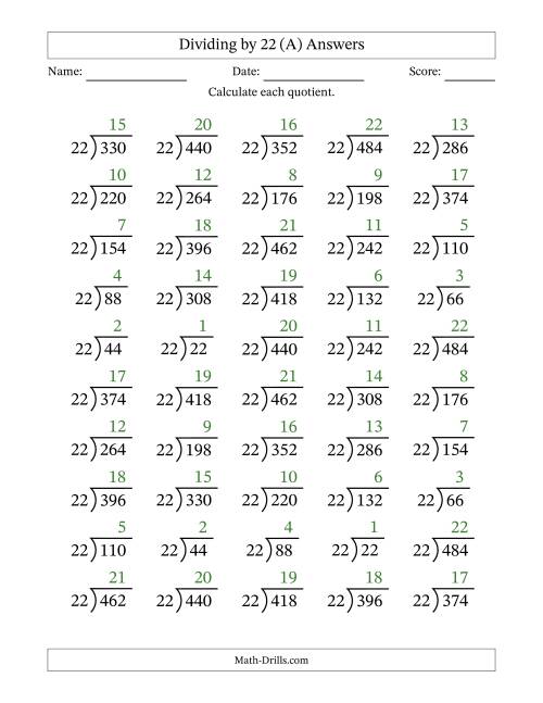 The Division Facts by a Fixed Divisor (22) and Quotients from 1 to 22 with Long Division Symbol/Bracket (50 questions) (All) Math Worksheet Page 2