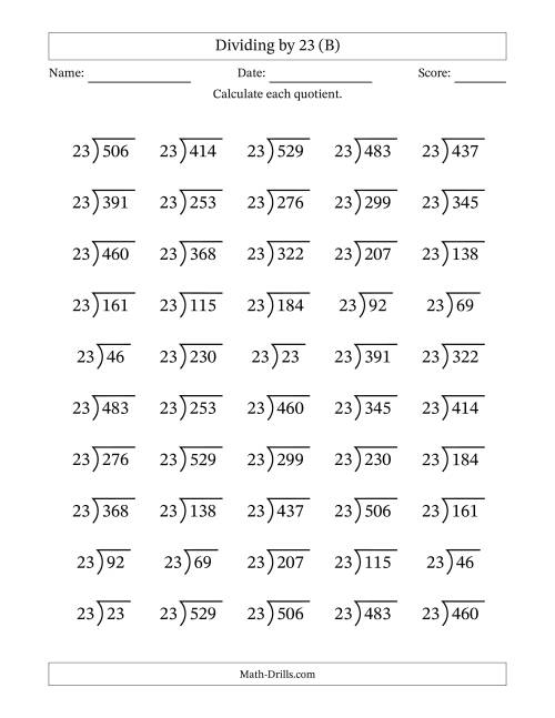 The Division Facts by a Fixed Divisor (23) and Quotients from 1 to 23 with Long Division Symbol/Bracket (50 questions) (B) Math Worksheet