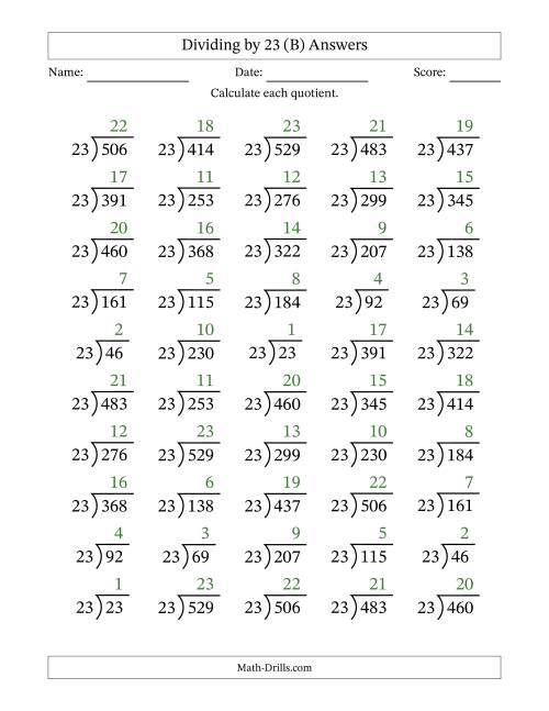 The Division Facts by a Fixed Divisor (23) and Quotients from 1 to 23 with Long Division Symbol/Bracket (50 questions) (B) Math Worksheet Page 2