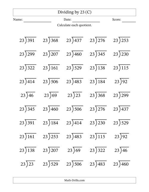 The Division Facts by a Fixed Divisor (23) and Quotients from 1 to 23 with Long Division Symbol/Bracket (50 questions) (C) Math Worksheet