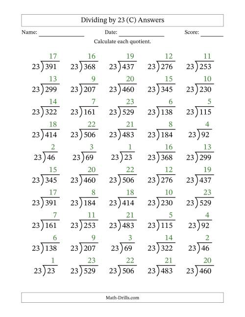 The Division Facts by a Fixed Divisor (23) and Quotients from 1 to 23 with Long Division Symbol/Bracket (50 questions) (C) Math Worksheet Page 2