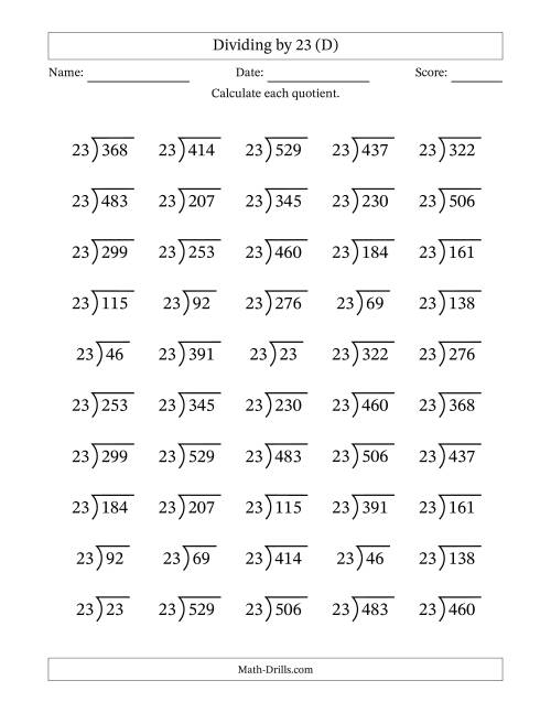 The Division Facts by a Fixed Divisor (23) and Quotients from 1 to 23 with Long Division Symbol/Bracket (50 questions) (D) Math Worksheet