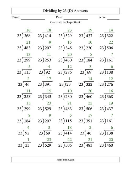 The Division Facts by a Fixed Divisor (23) and Quotients from 1 to 23 with Long Division Symbol/Bracket (50 questions) (D) Math Worksheet Page 2