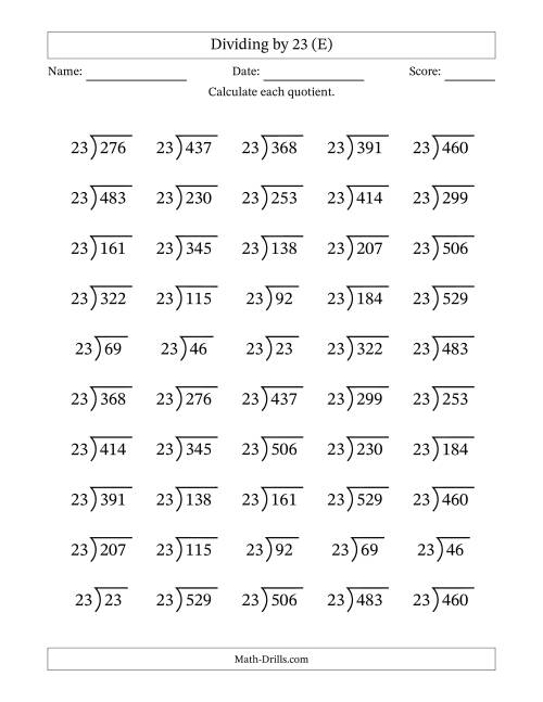 The Division Facts by a Fixed Divisor (23) and Quotients from 1 to 23 with Long Division Symbol/Bracket (50 questions) (E) Math Worksheet