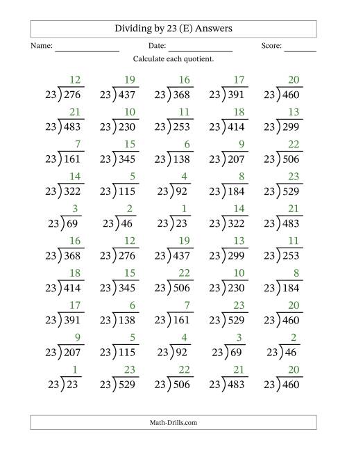 The Division Facts by a Fixed Divisor (23) and Quotients from 1 to 23 with Long Division Symbol/Bracket (50 questions) (E) Math Worksheet Page 2