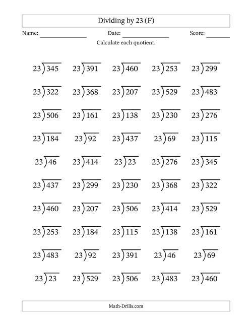 The Division Facts by a Fixed Divisor (23) and Quotients from 1 to 23 with Long Division Symbol/Bracket (50 questions) (F) Math Worksheet