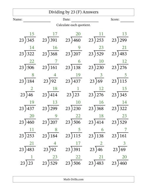 The Division Facts by a Fixed Divisor (23) and Quotients from 1 to 23 with Long Division Symbol/Bracket (50 questions) (F) Math Worksheet Page 2